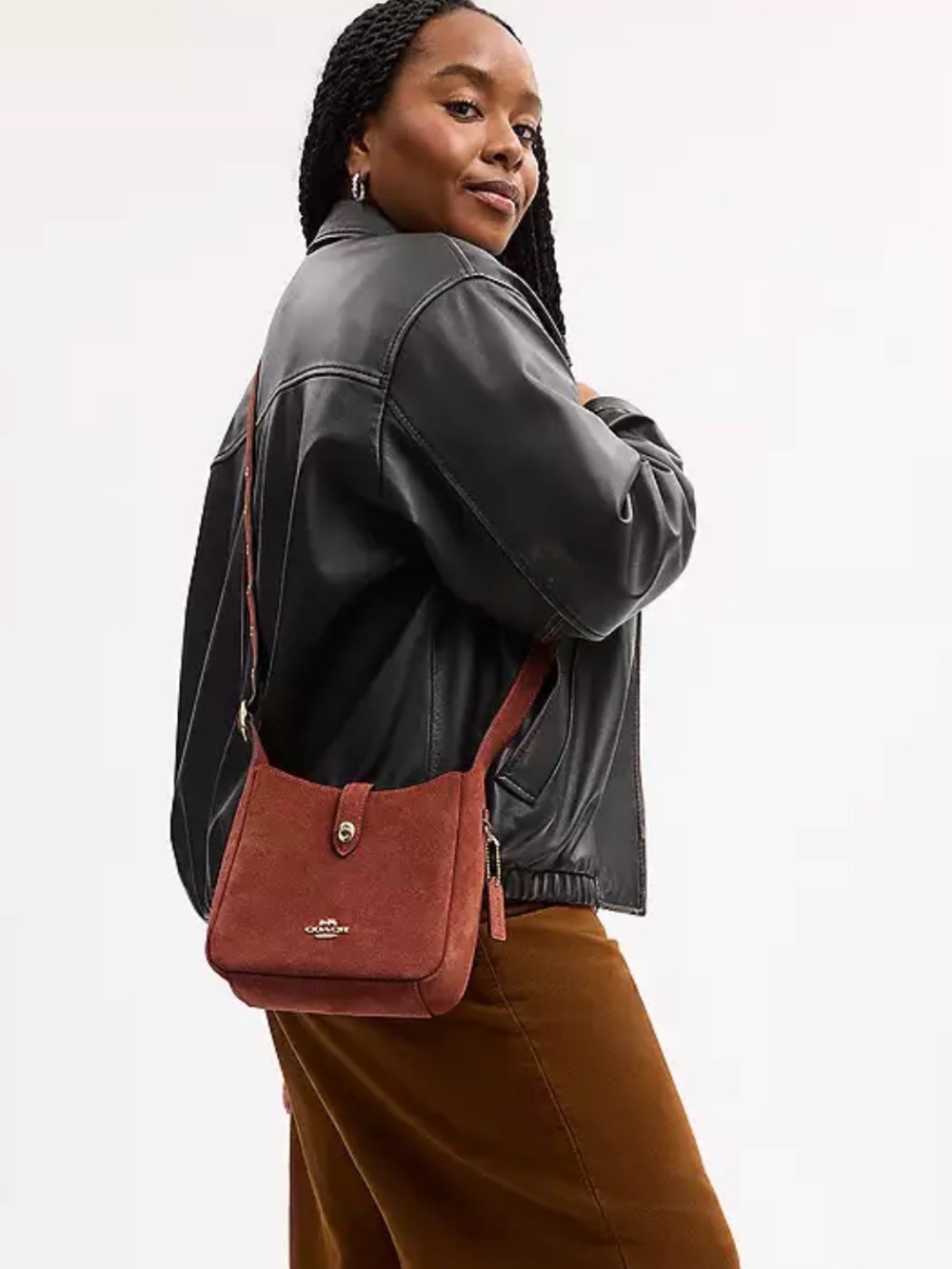 ๐คCOACH NWT Clayโ Suede Hadley Mini Turn-lock Crossbody with Gold Hardware - Picture 2 of 11